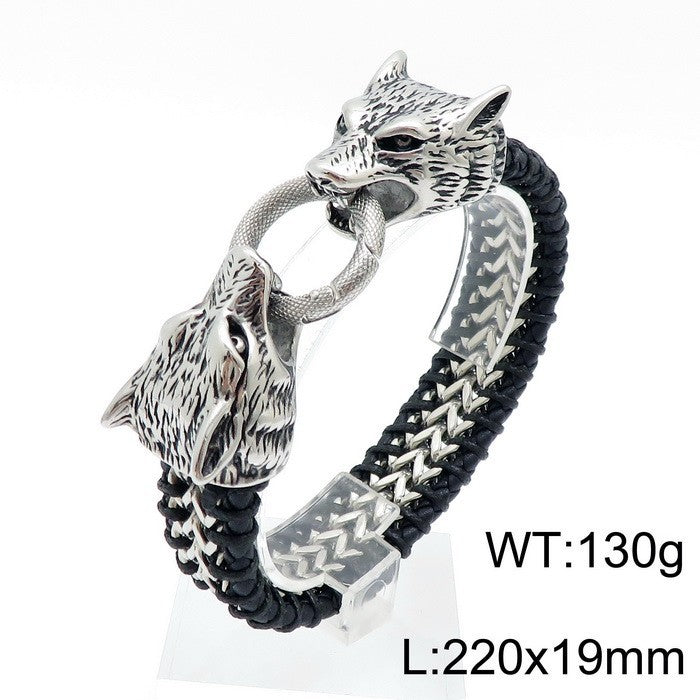 Planderful Double Wolf Head Lion Head Bracelet Men Titanium