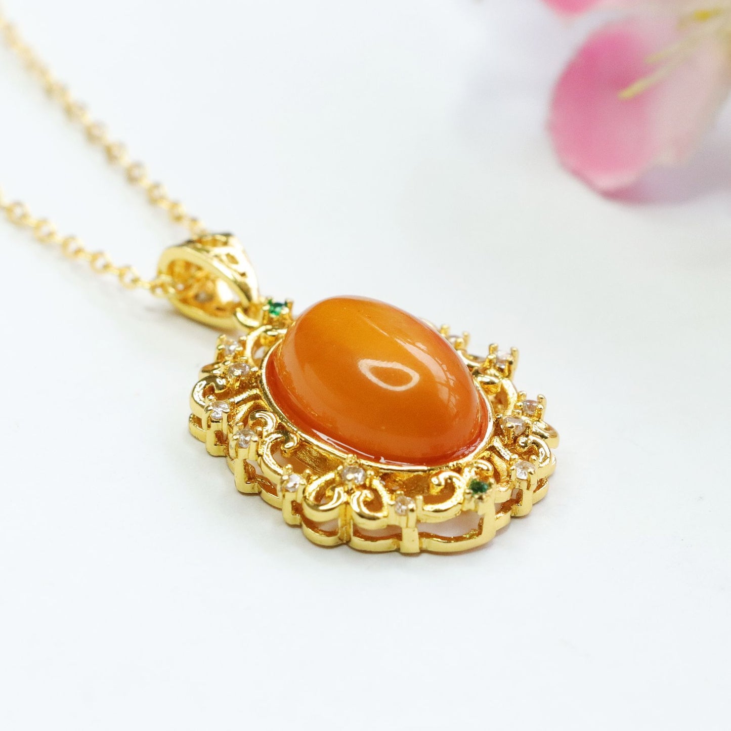 Golden Amber Beeswax Pendant Necklace with Zircon Accents