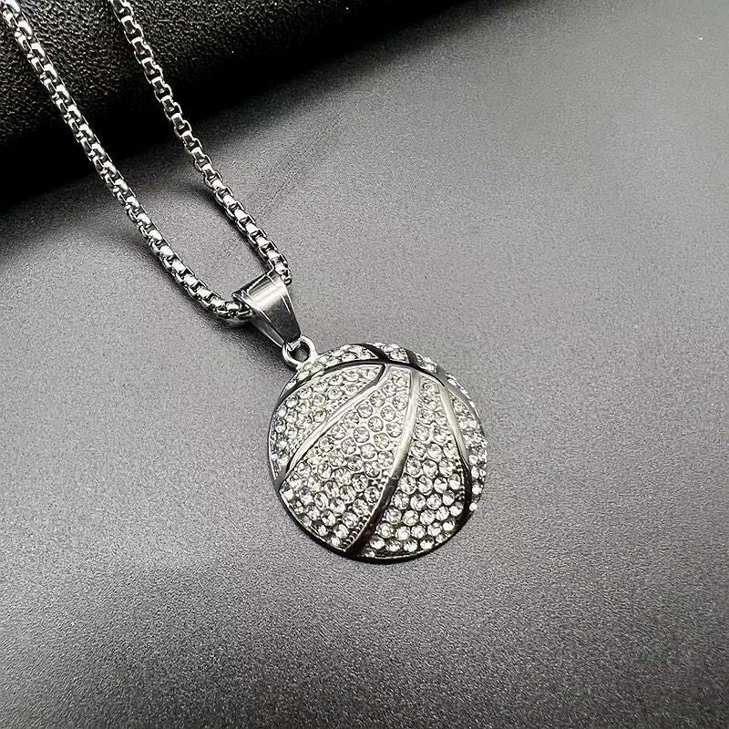 Planderful Basketball Pendant Necklace Premium Gold Plated Stainless Steel With Zircon For Hip Hop Fans