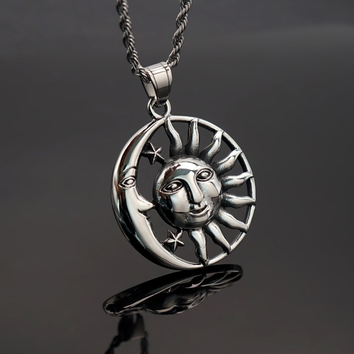 Vintage Moon Sun Stainless Steel Pendant Necklace
