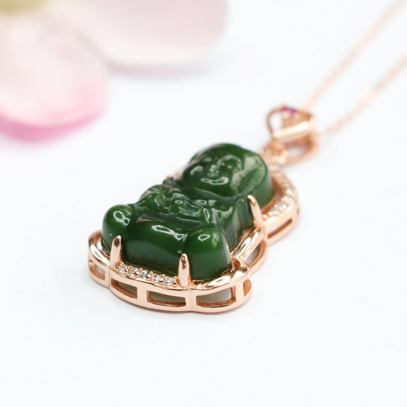 925 Silver-Set Hetian Jasper Baby Buddha Pendant — No Chain