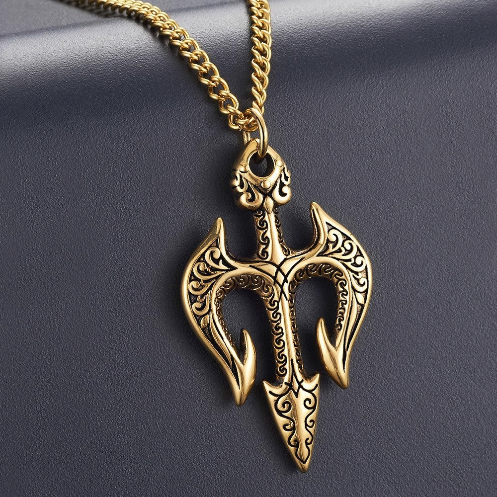 Planderful Jewelry Sea King Trident Necklace in Stainless Steel Three-Dimensional Pendant With Retro Modern Aesthetic