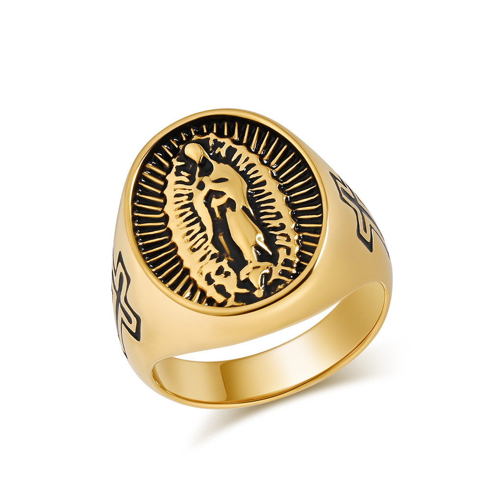 European and American Retro Virgin Mary Titanium Ring for Men and Women