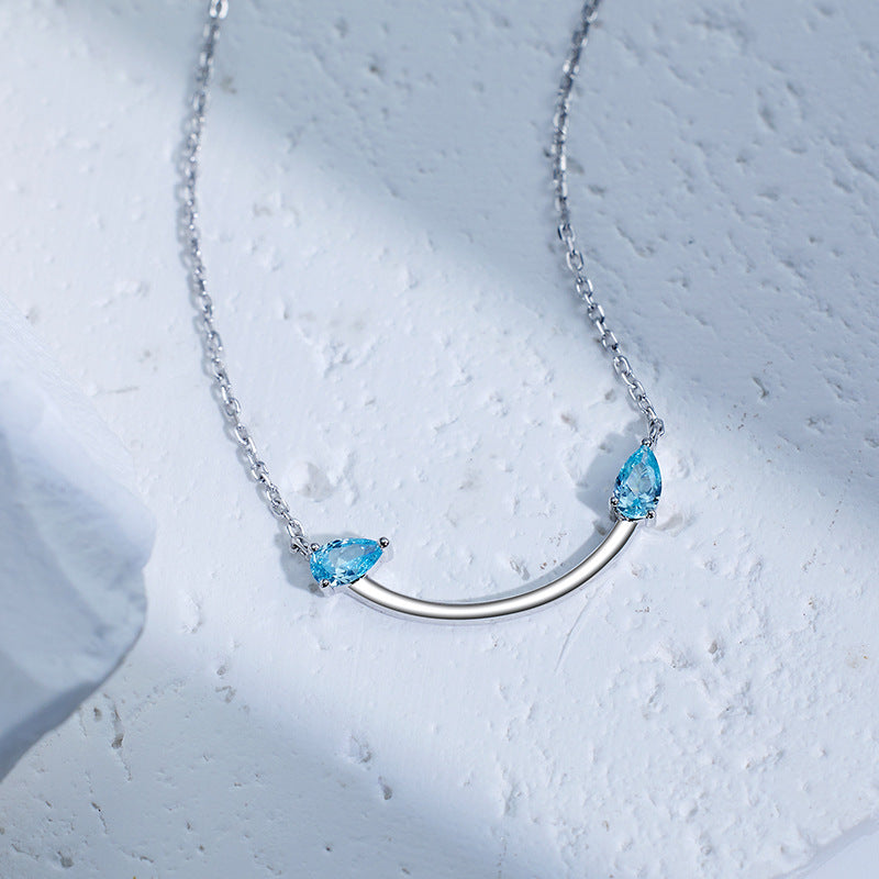 Double Blue Pear Shape Zircon Smiling Temperament Pendant Sterling Silver Necklace