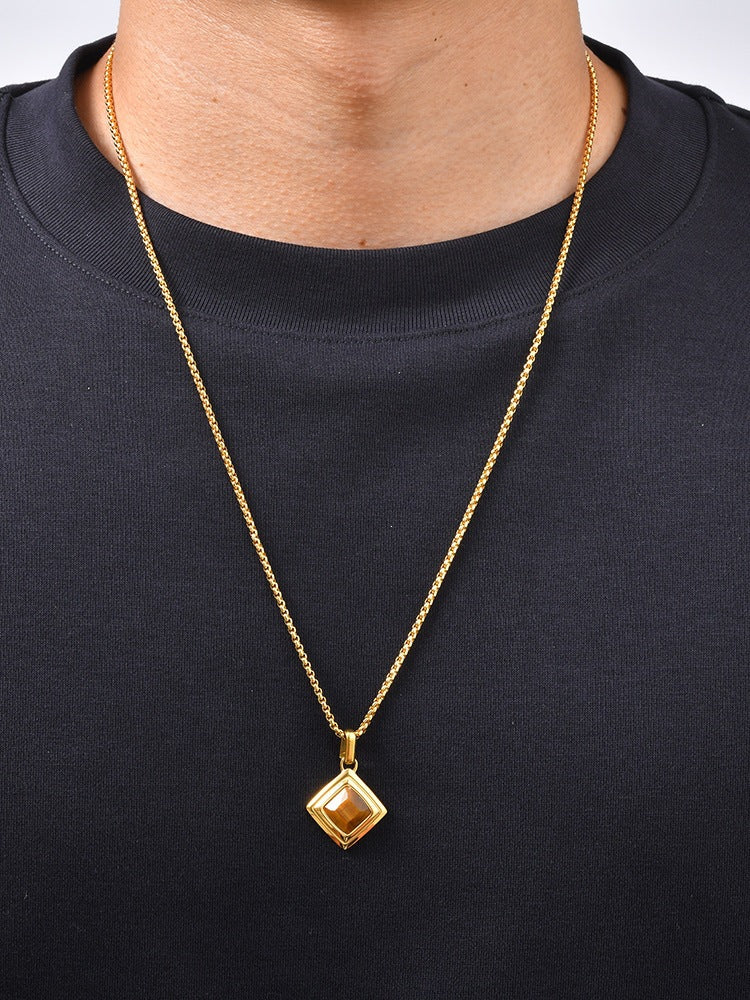 Men's Stainless Steel Square Tiger's Eye Stone Pendant Necklace Punk Stacked Wear