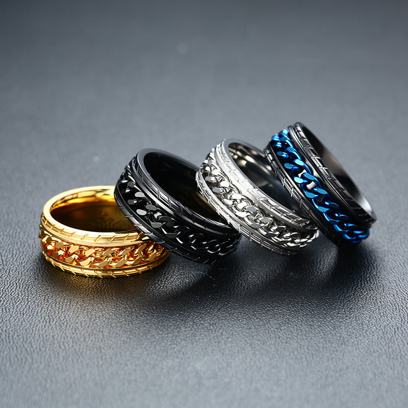 Titanium Steel Ring Accessories Stainless Steel Rotating Tire Pattern Chain Ring Men's Black Ring