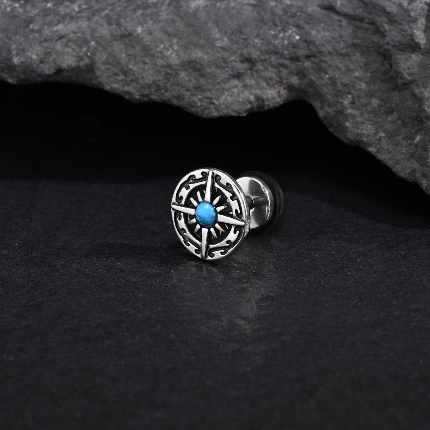 Planderful Turquoise Compass Stud Earrings Stainless For Men