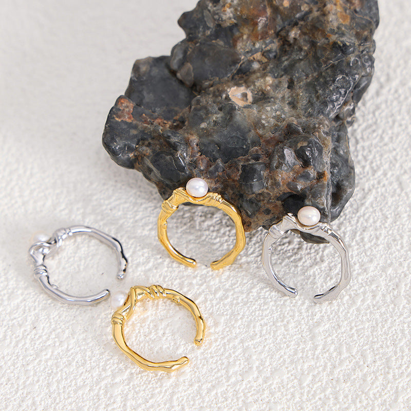 Cold Breeze South Korean Metal Ring with Natural Freshwater Pearl Accent
