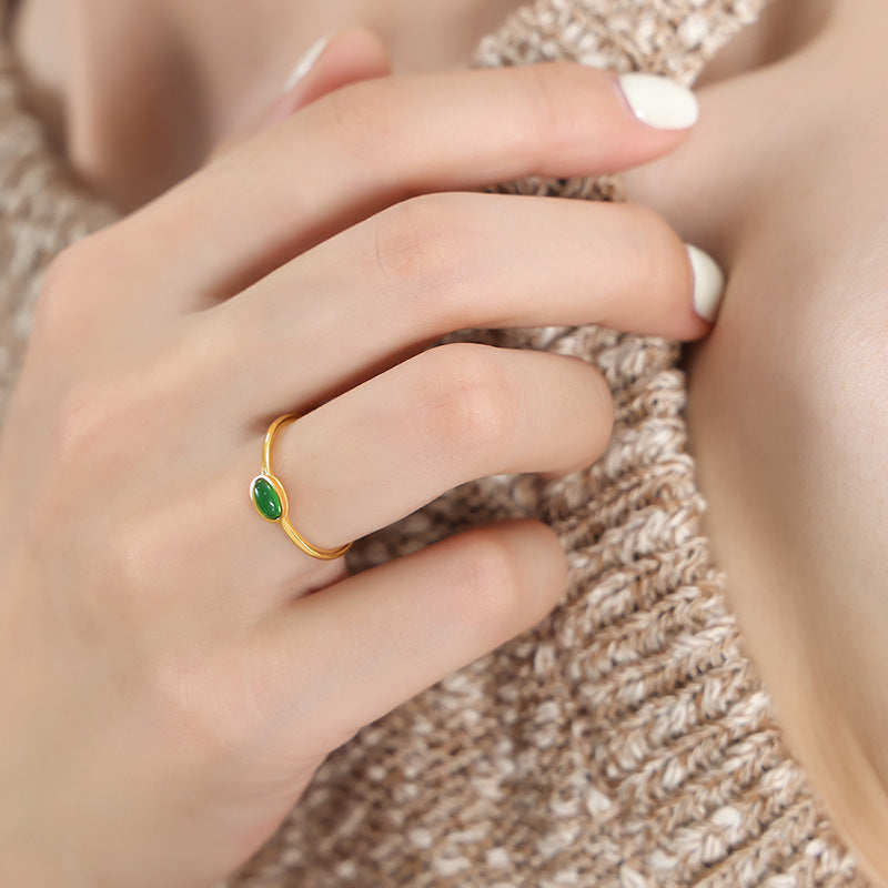 Colorful Spar Inlay Titanium Steel Gold-Plated Thin Ring - Korean Style Women's Jewelry