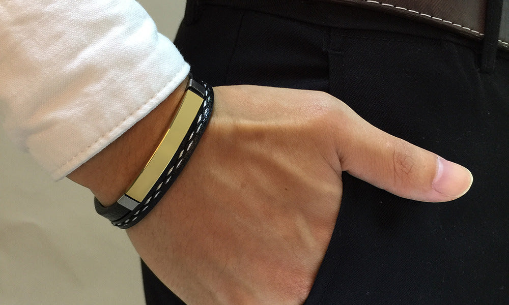 Stainless Steel Leather Bracelet Curved PU Leather Woven