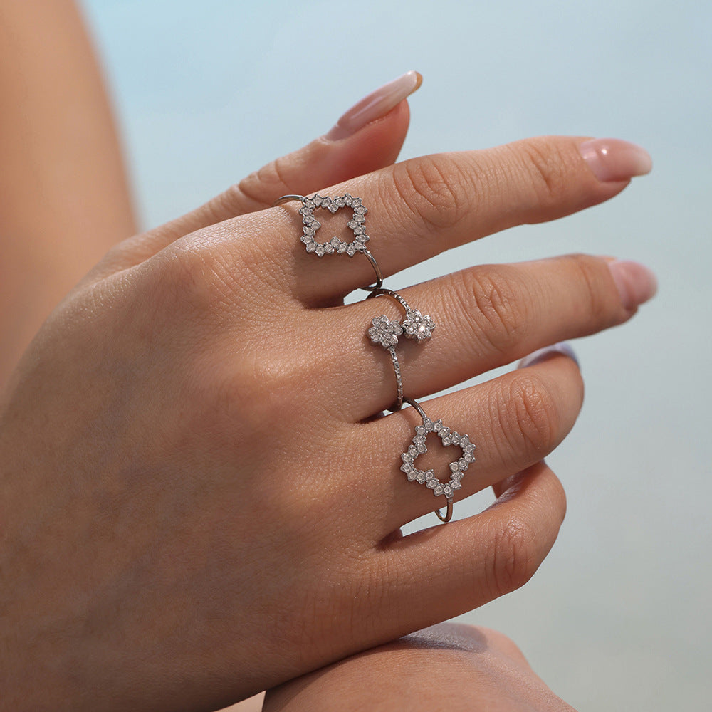 Planderful Zircon Four Leaf Flower Ring Elegant For Women
