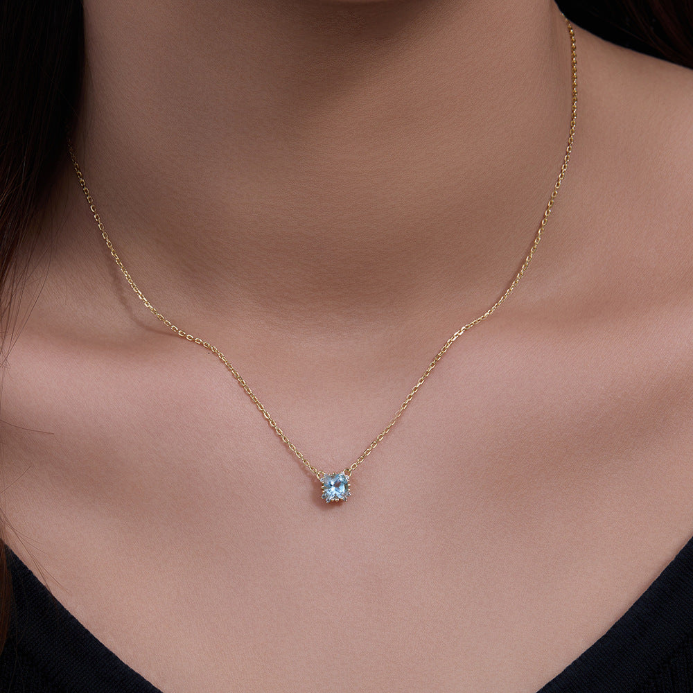925 Sterling Silver Geometric Round Natural Topaz Pendant Necklace Elegant Necklace