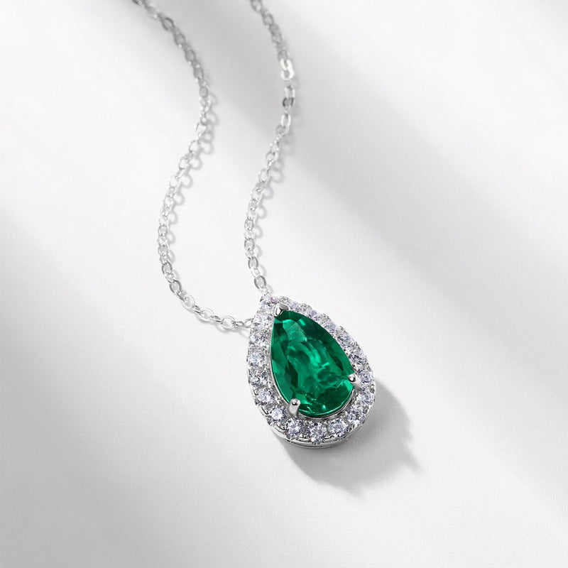 S925 Sterling Silver Lab-Grown Emerald Teardrop Pendant Necklace
