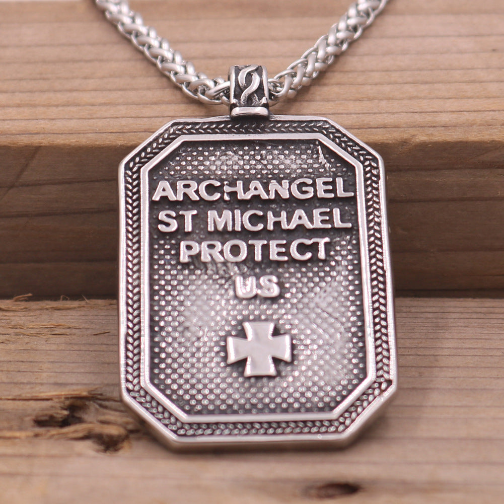 Guardian Angel Vintage Steel Pendant Necklace for Men with Long Sweater Chain