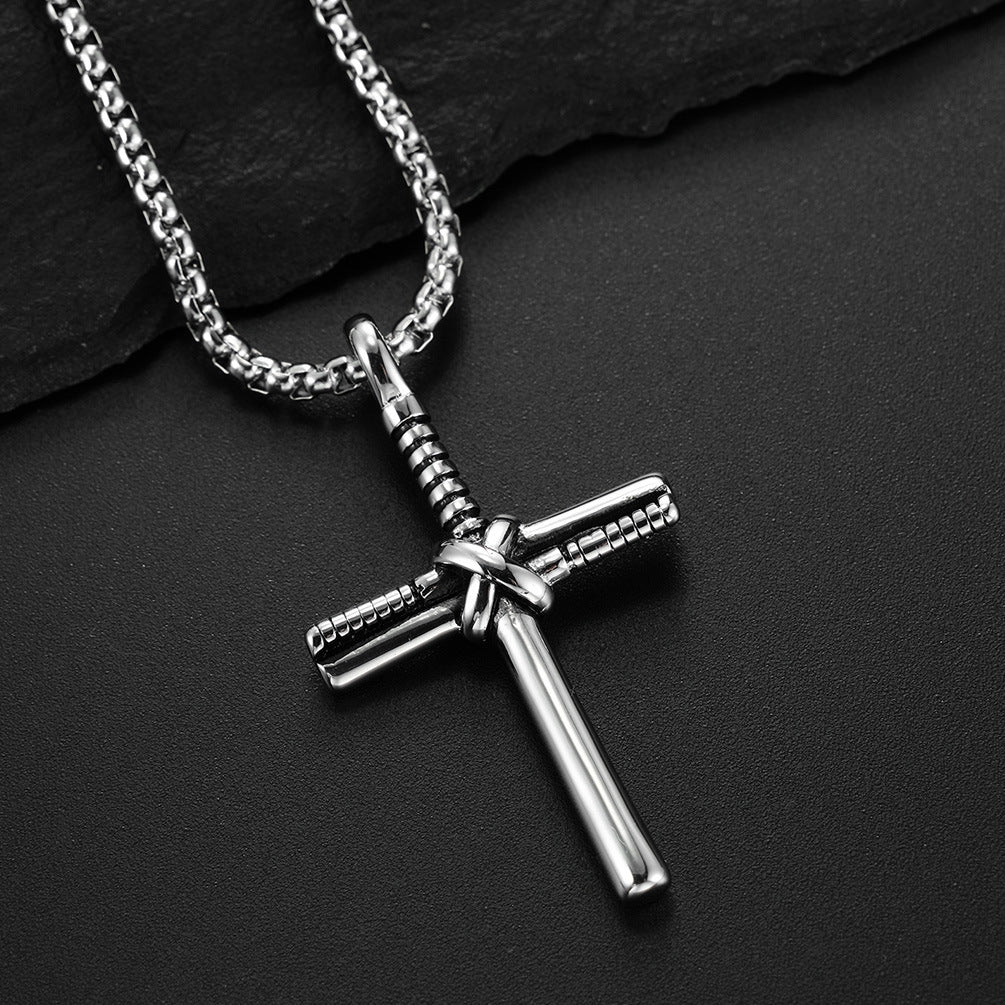 Cross-Border Jewelry Supply Titanium Steel Baseball Bat Cross Necklace