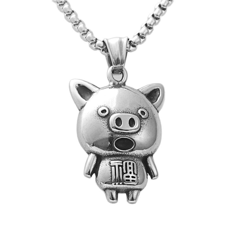 Titanium Steel Retro Lucky Pig Pendant Necklace for Men - Trendy Punk Animal Jewelry