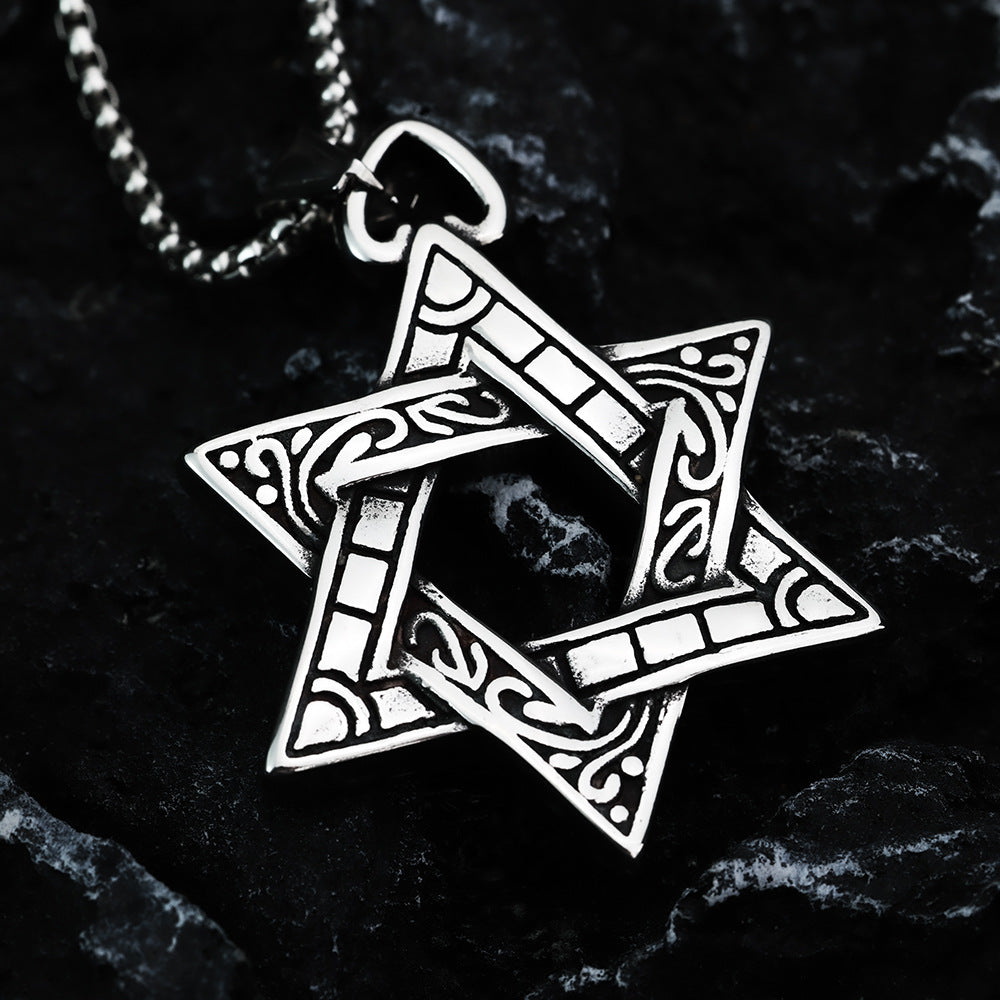 European And American Retro Men's Pendant Stainless Steel Punk Double-Sided Hexagram Necklace