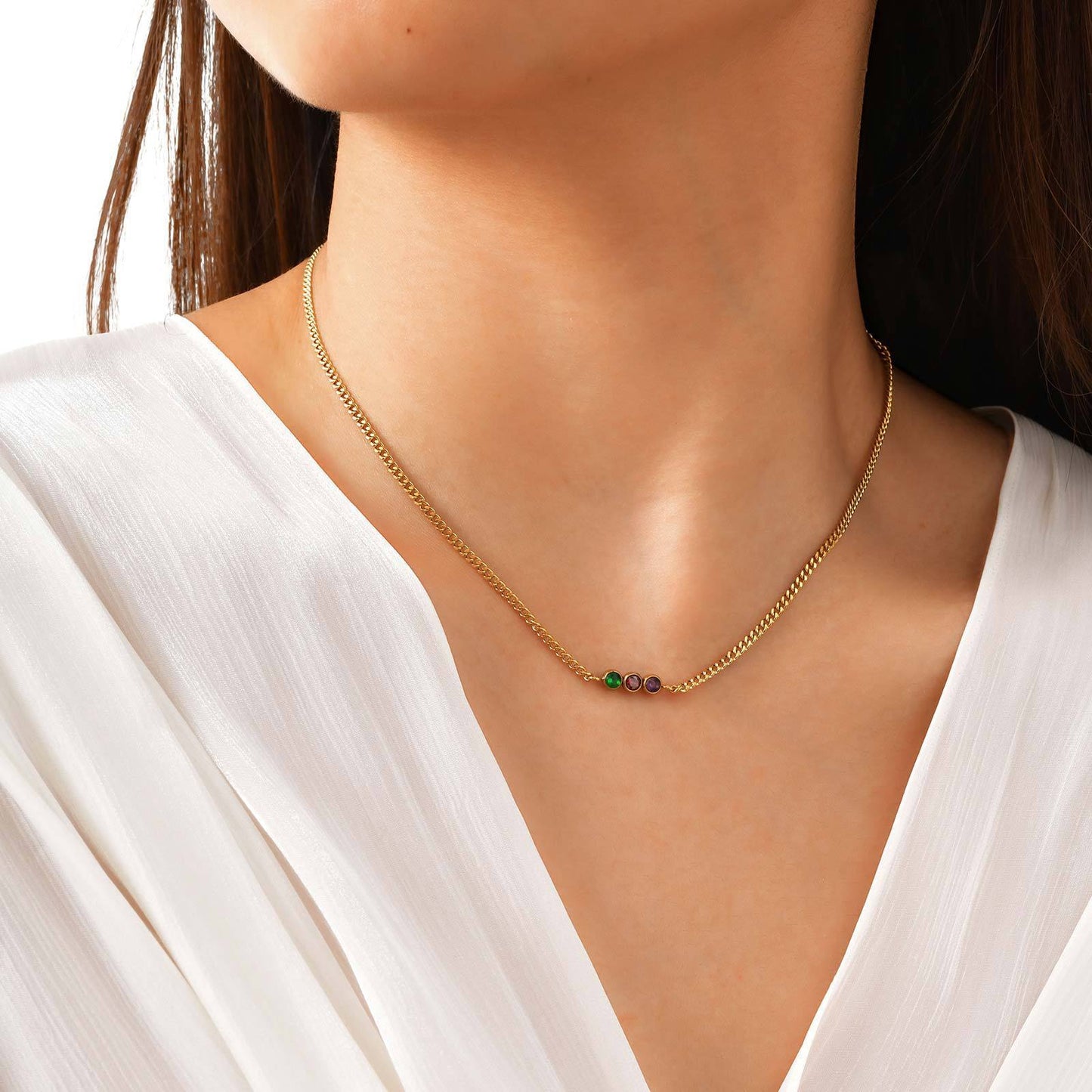Stainless Steel European – American Cuban Chain Stylish White Blue Zircon Colored Necklace