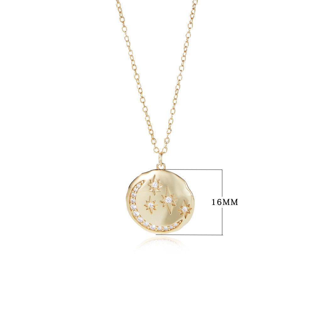 S925 Sterling Silver Round Coin Star Moon Necklace Wind Inlaid Zircon Women