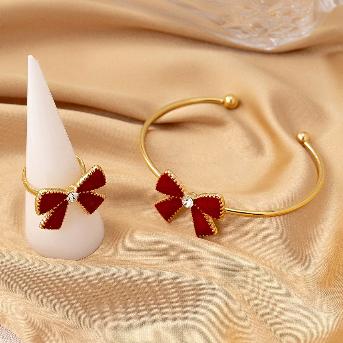 Elegant Rhinestone Red Bow Jewelry Set for Valentine's Day