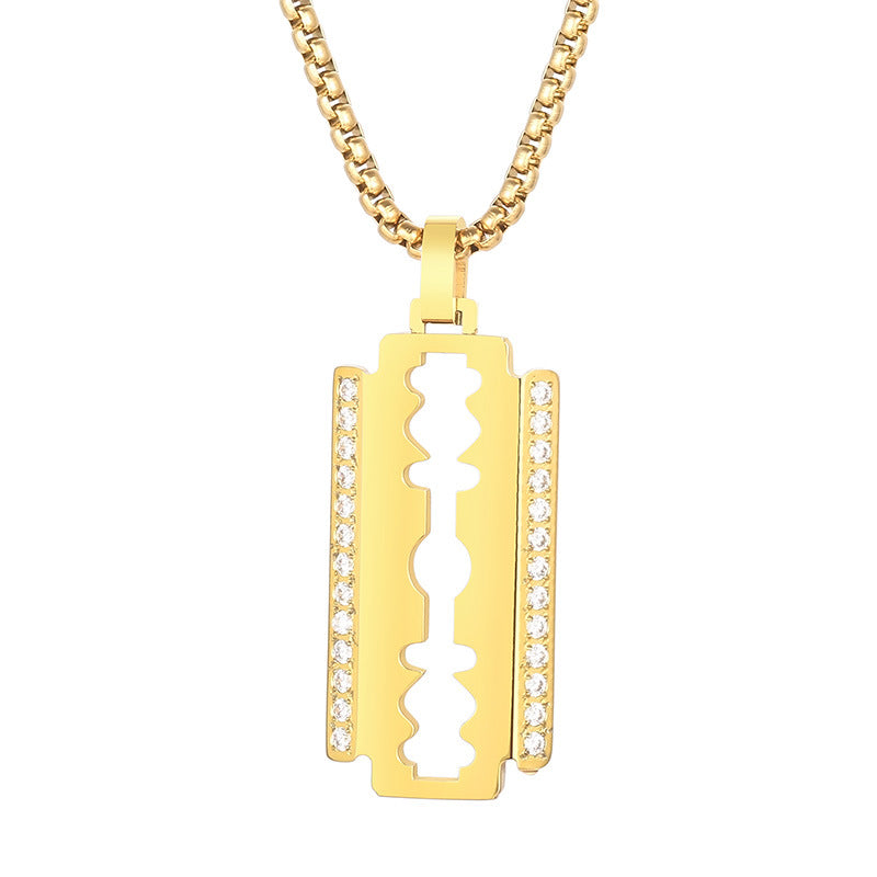 Hip Hop, Rock Street Vacuum Plated Cnc Inlaid Zircon Blade Square Pearl Titanium Necklace