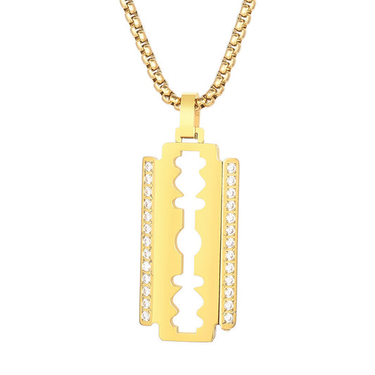 Hip Hop, Rock Street Vacuum Plated Cnc Inlaid Zircon Blade Square Pearl Titanium Necklace
