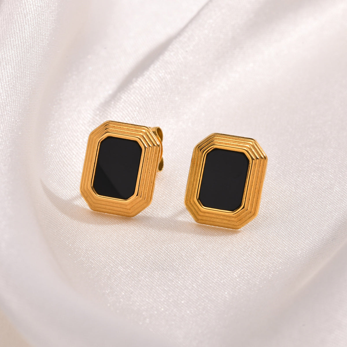 Gold-Tone Black Geometric Stud Earrings