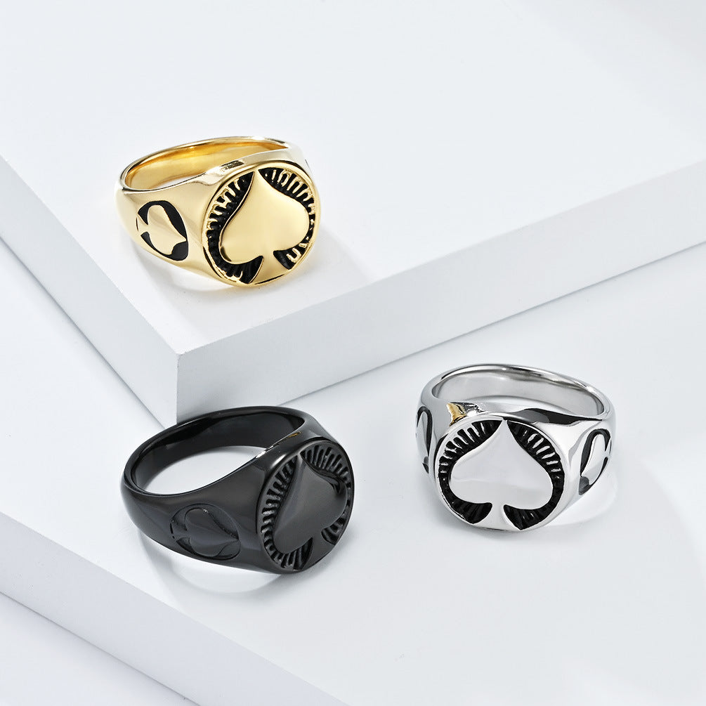 European and American Style Poker Spade Titanium Steel Ring for Men