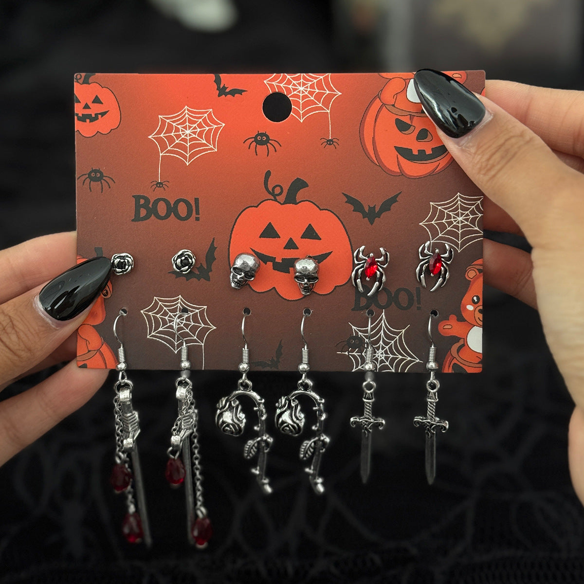 Planderful Gothic Halloween Earrings Set Spider Web Bat Blood Cross With Roses For Women Vienna Verve
