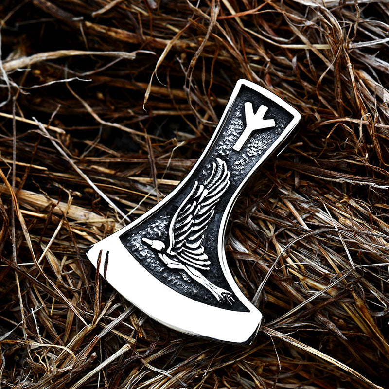 Titanium Steel Odin Pendant with Viking Axe and Wolf Motif - Retro European American Style Accessories for Men