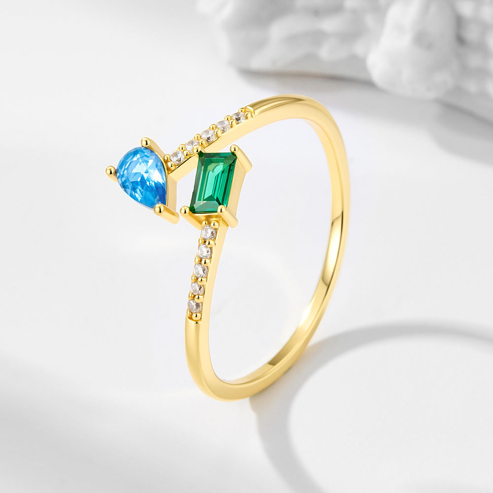 Design Colored Zircon Open Sterling Silver Ring Retro Geometric Ring