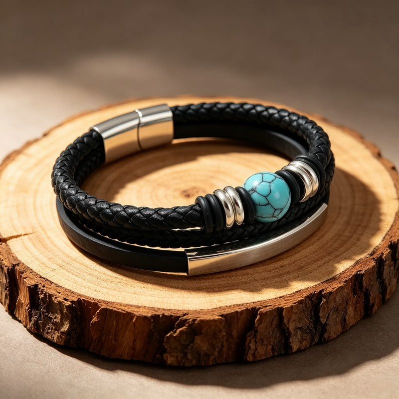 Turquoise Tiger's Eye Stone Multi-Layer Woven Leather Bracelet Lettering Curved Bar