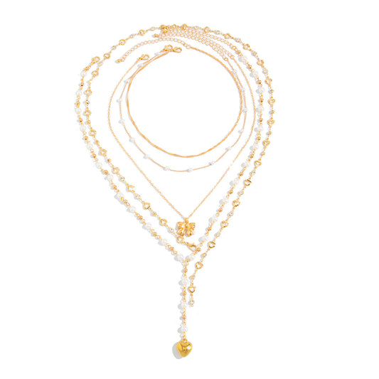 Multi-Layer Stacked Love Y-Shaped Pearl Necklace Spice Girl Long Bow Bead Chain