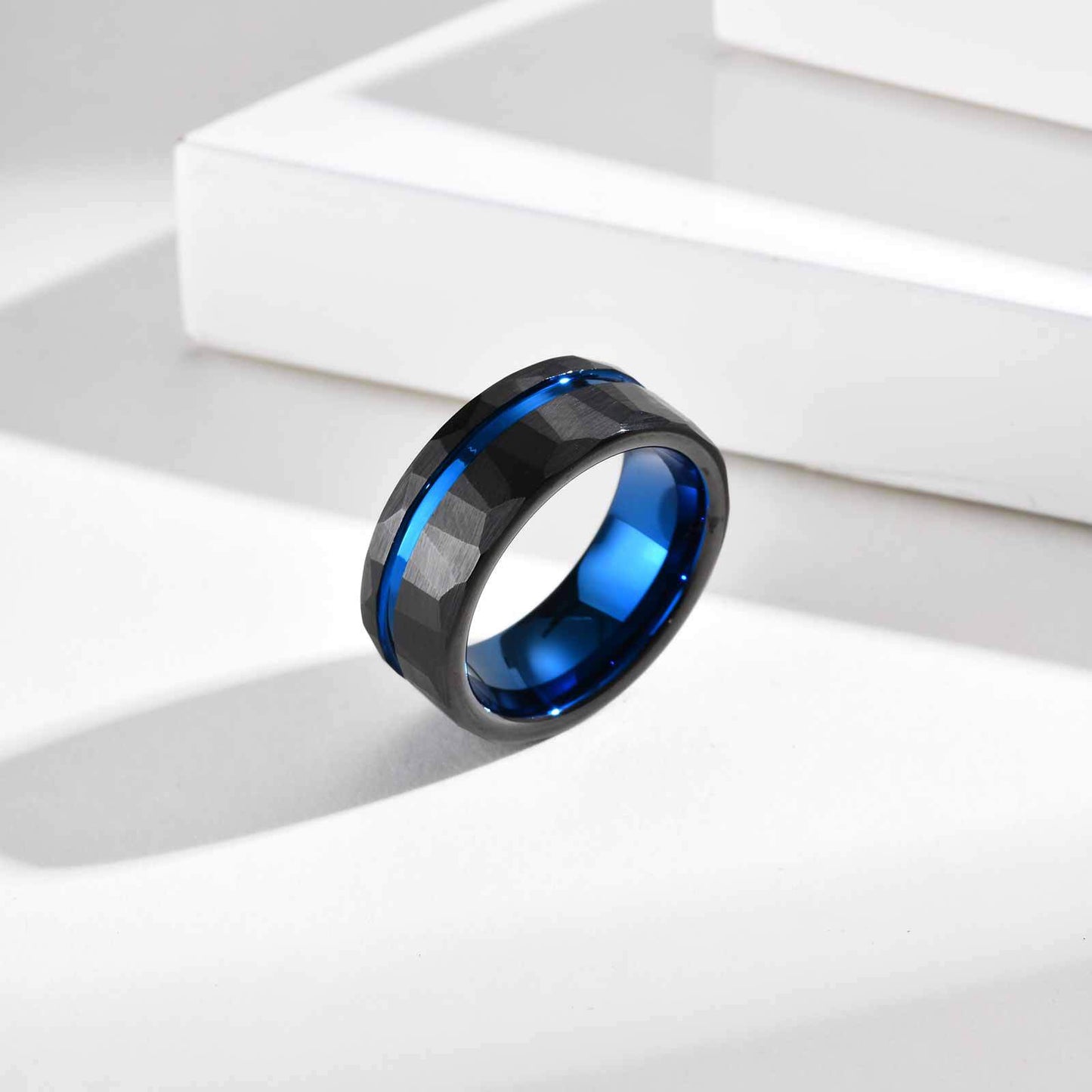 Black 8mm Tungsten Steel Ring Brushed Inner Hammer Texture