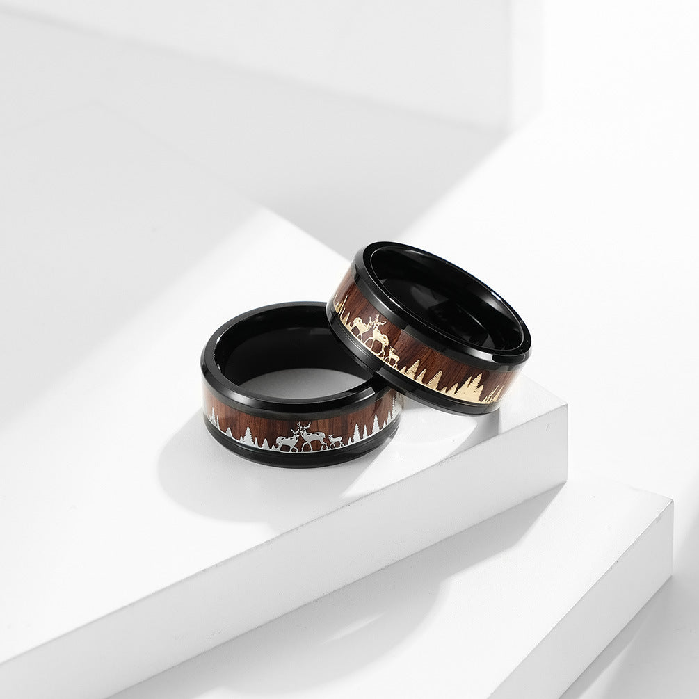 Planderful Everyday Genie Stainless Steel Wood Grain Elk Ring For Men And Women Deer Inlay
