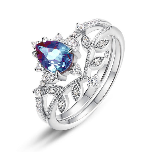 Planderful Jewelry Alexandrite Ring in Sterling Silver V Shape Zircon Leaf Design