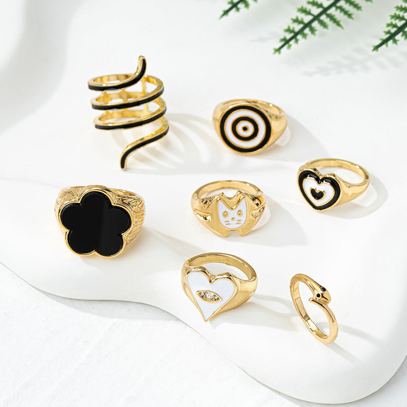 Stylish Metal Clover Love Snake Cat Ring Set for Women