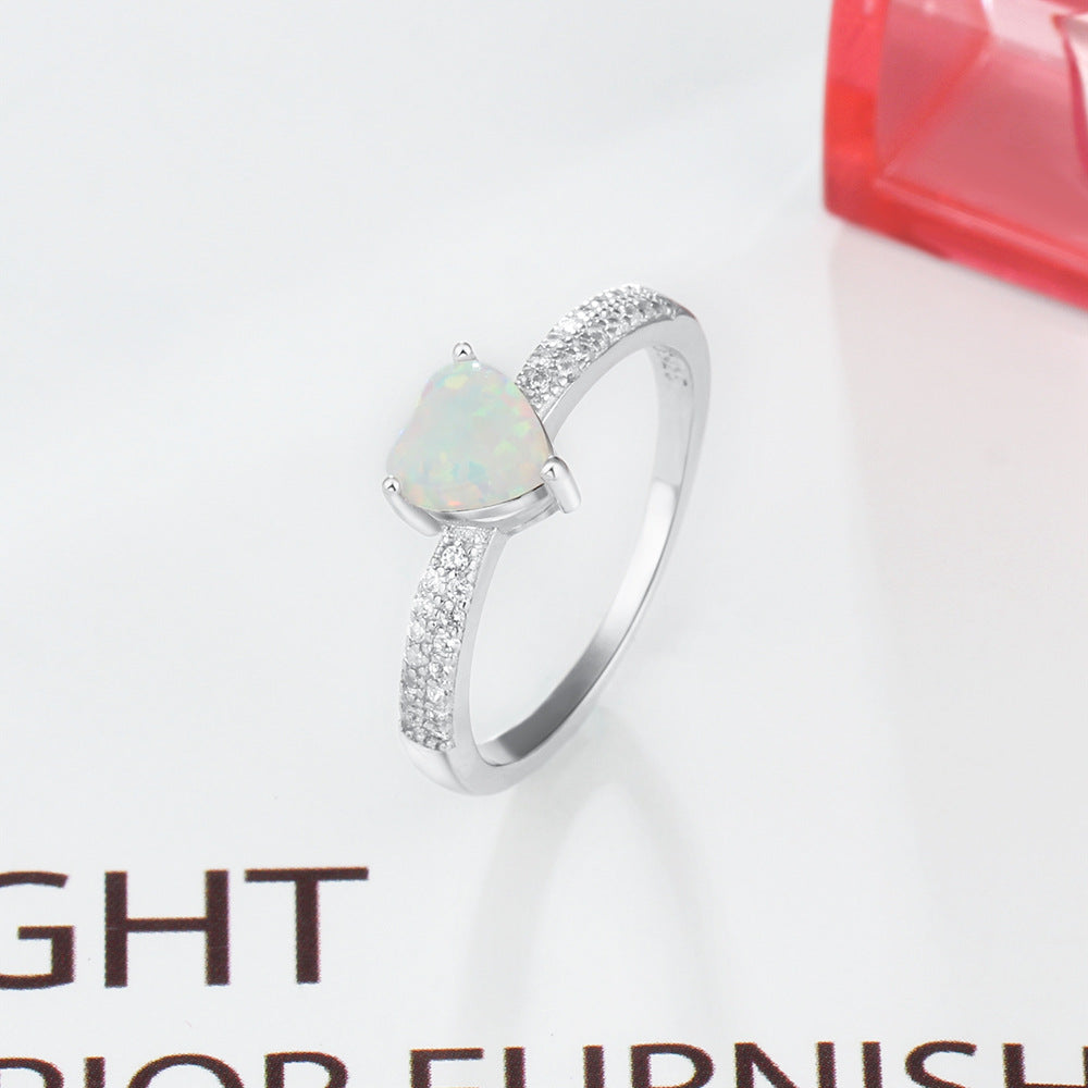 Planderful Jewelry Sterling Silver Opal Ring Heart Shaped Design With Zircon Accent For Elegant Everyday Wear
