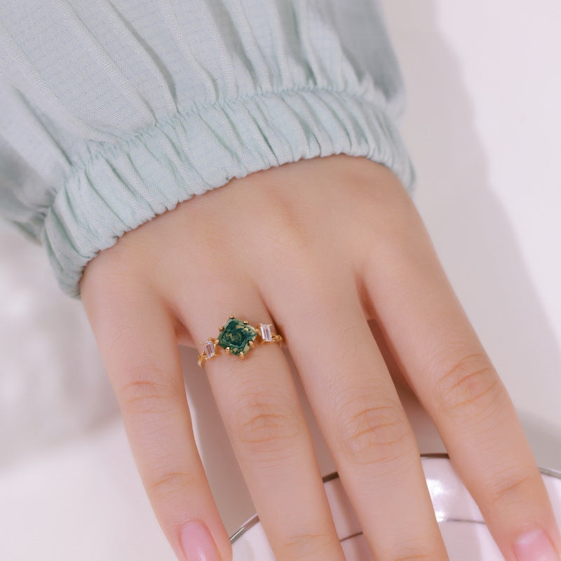 S925 Sterling Silver Moss Agate Geometric Minimalist Ring