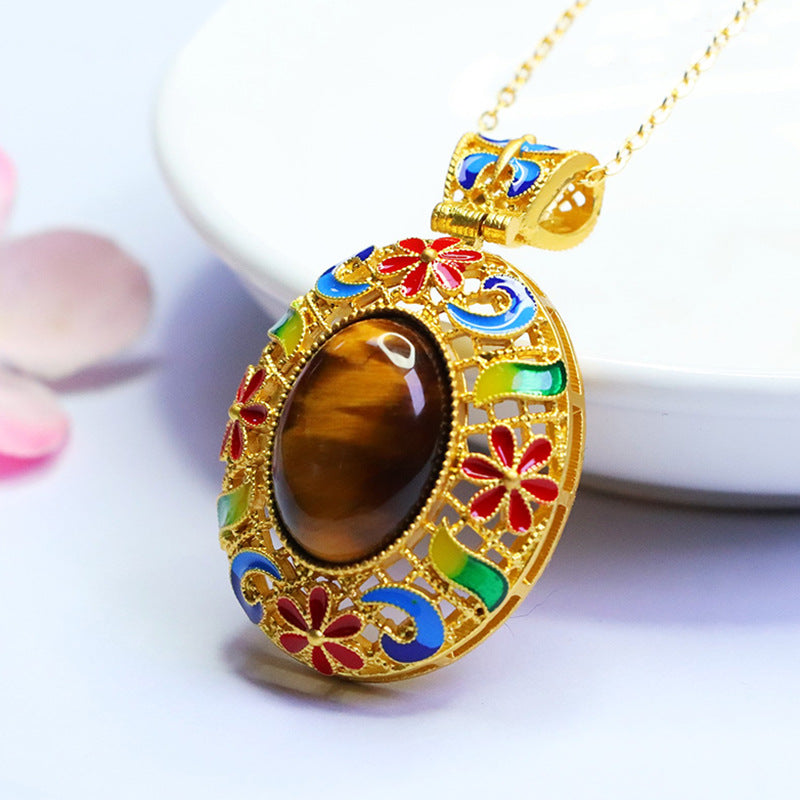 Yellow Tiger Eye Enamel Petal Pendant — No Chain