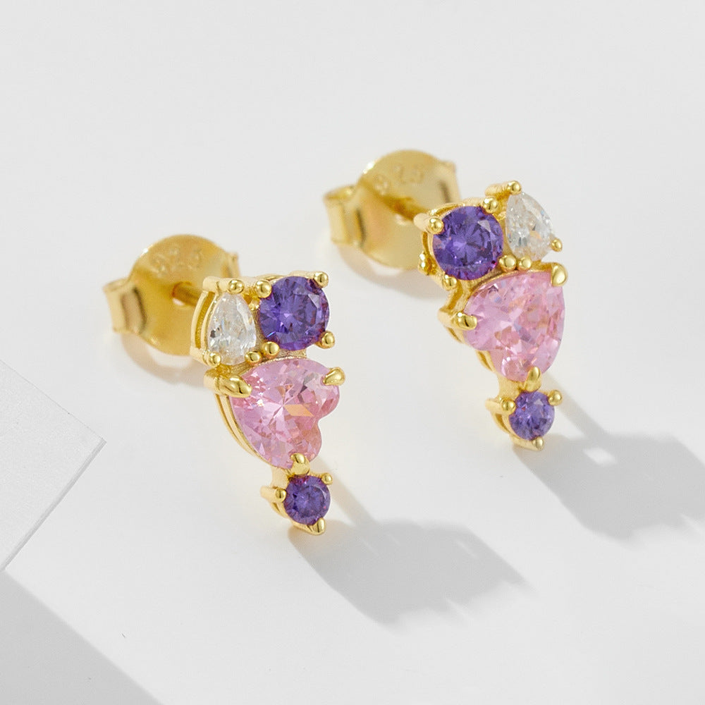 S925 Sterling Silver Heart-Shaped Pink Zircon Stud Earrings Colored Gemstone
