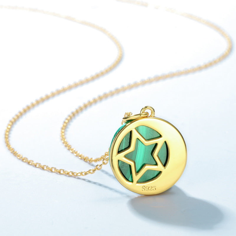 Round Malachite Pendant Star Moon Zircon Sterling Silver Necklace