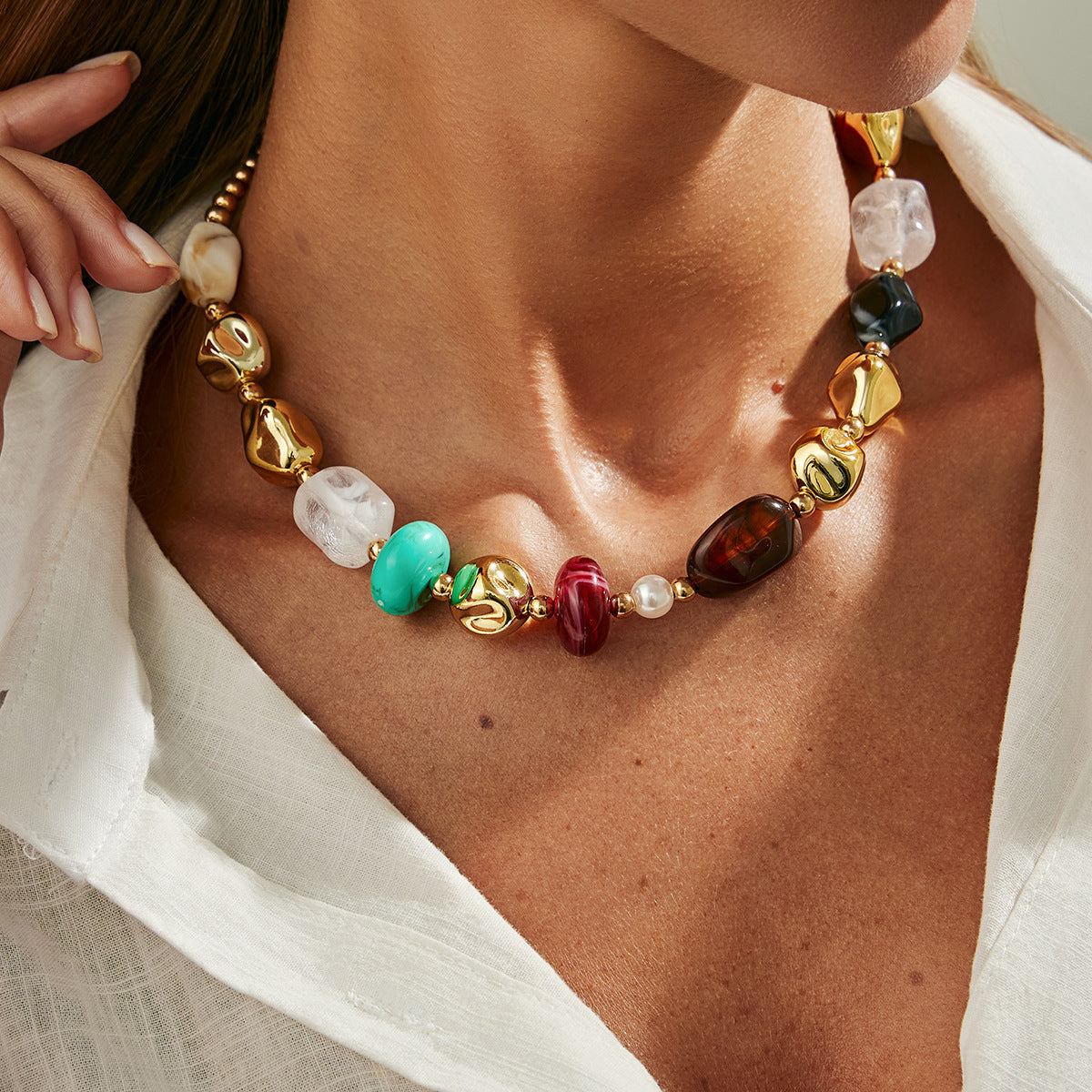 Ethnic Style Smudged Irregular Beaded Retro Maillard Collarbone Imitation Pearl Necklace