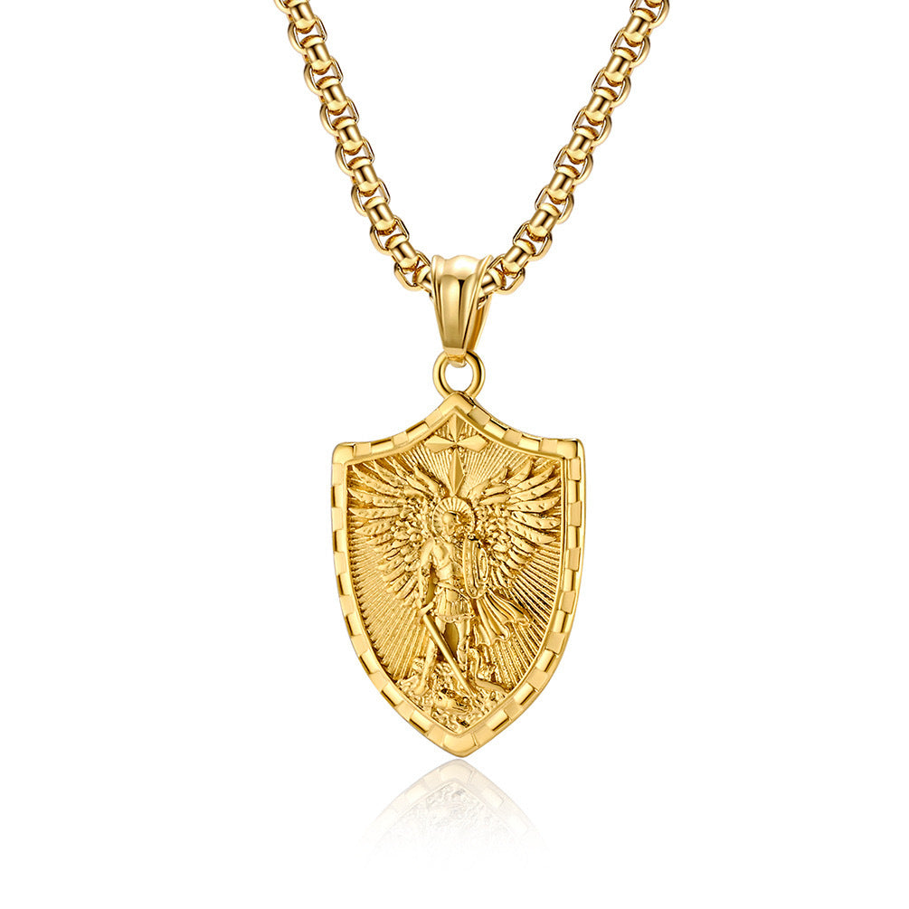 Planderful Everyday Genie Mens Titanium Steel Shield Pendant Cross Necklace Personalization