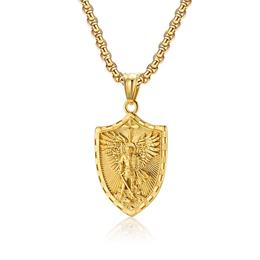 Planderful Everyday Genie Mens Titanium Steel Shield Pendant Cross Necklace Personalization