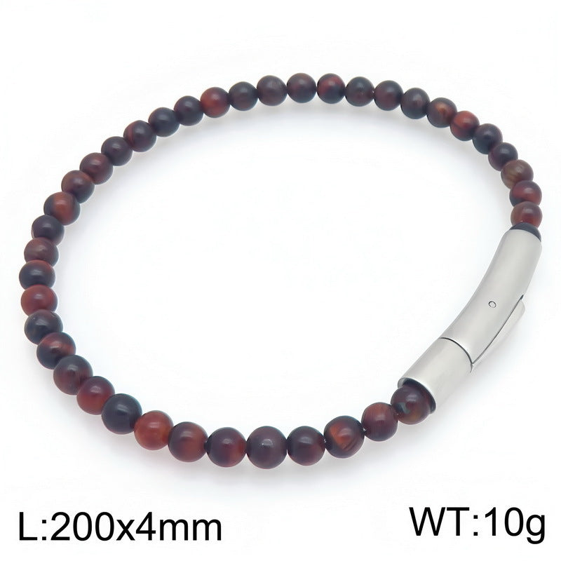 Beaded Bracelet Tiger's Eye Stone Black Agate Stainless Steel Snap Button Unisex Bracelet.