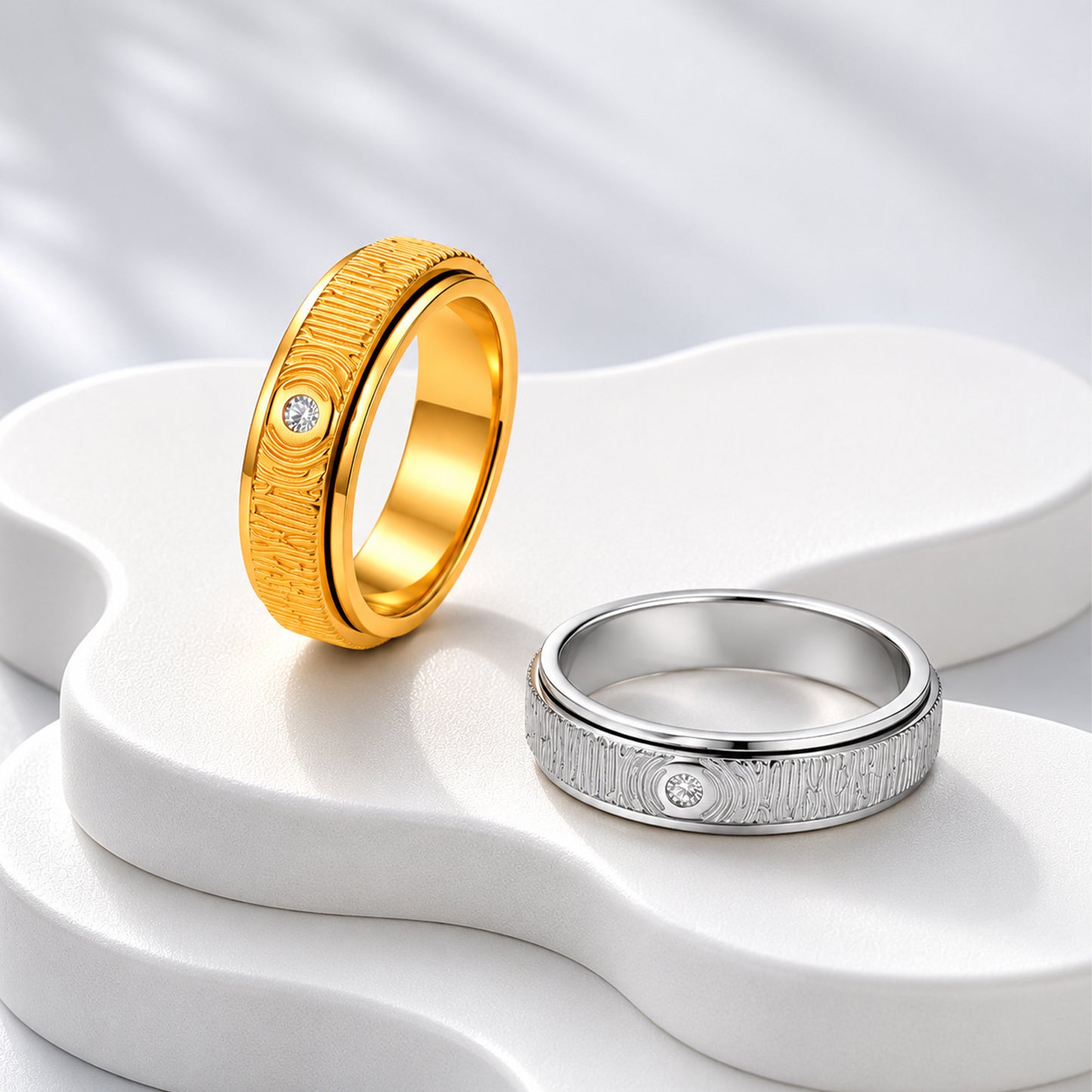 Planderful Everyday Genie Wood Grain Zircon Single Rotatable Stainless Steel Ring For Men Women Unisex Retro Jewelry