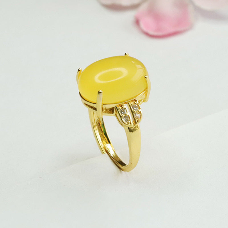 Natural Amber Beeswax Ring with Oval Sterling Silver Setting