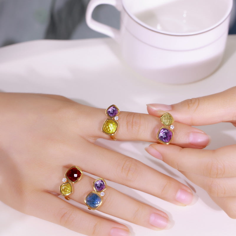 S925 Sterling Silver Crystal Double-Stone Adjustable Ring