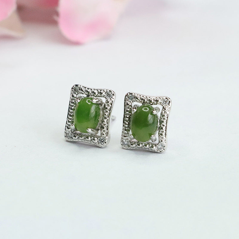 Rectangular Sterling Silver Earrings with Hetian Jade Insets